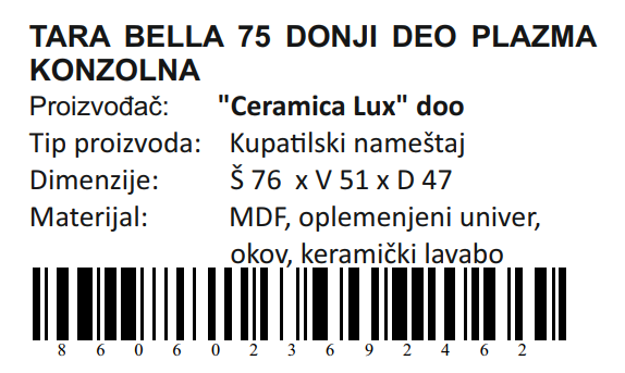 TARA BELLA DONJI DEO 75 PLAZMA KONZOLNA