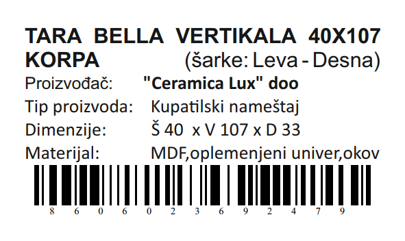 TARA BELLA VERTIKALA 40X107 KORPA