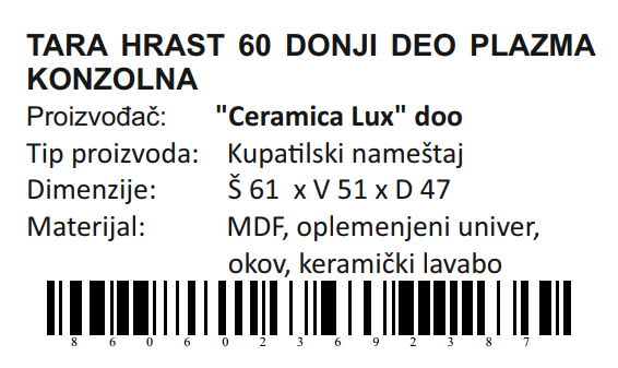 TARA HRAST DONJI DEO 60 PLAZMA KONZOLNA