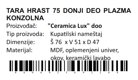 TARA HRAST DONJI DEO 75 PLAZMA KONZOLNA