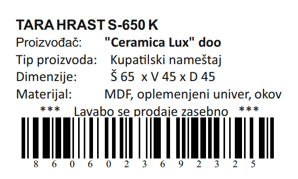 TARA HRAST DONJI DEO S-650 KONZOLNA