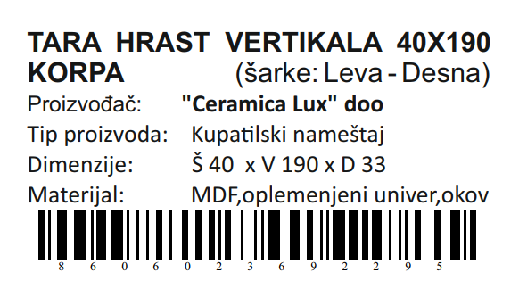 TARA HRAST VERTIKALA 40X190 KORPA