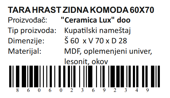 TARA HRAST ZIDNA KOMODA 60X70