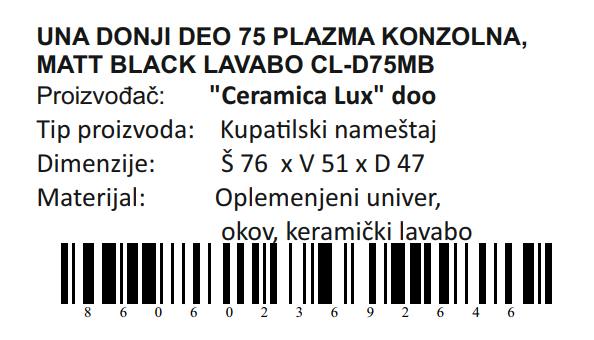 UNA DONJI DEO 75 PLAZMA KONZOLNA MATT BLACK LAVABO