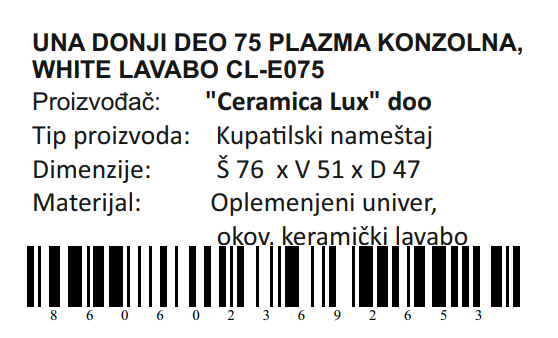 UNA DONJI DEO 75 PLAZMA KONZOLNA WHITE LAVABO