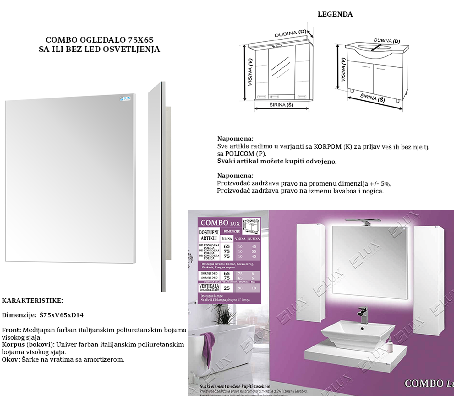 COMBO OGLEDALO 65X75 SA LED SVETLOM