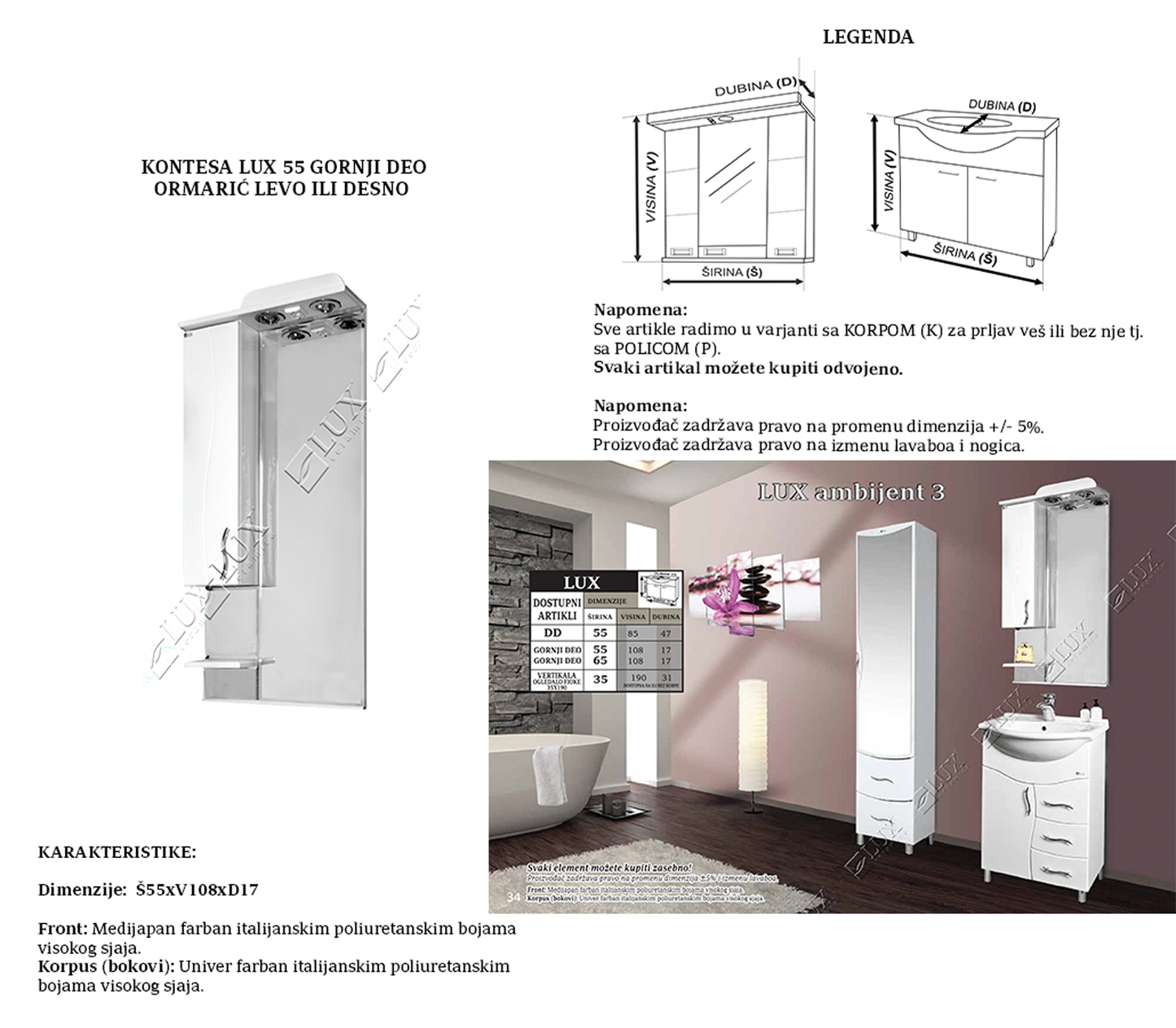 KONTESA LUX 55 GORNJI DEO LEVO ILI DESNO ORMARIĆ